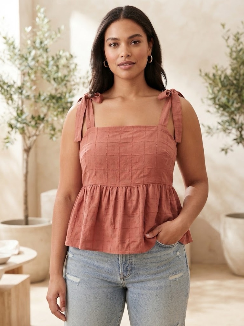 ASOS Tie-Shoulder Square-Neck Textured Peplum Top in Dusty Rose/Mauve SIZE 2